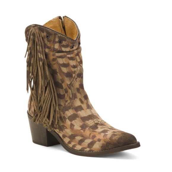 CIRCLE G Brown Camo Slouch Embroidery And Fringes Haircalf Pointy Toe Boots